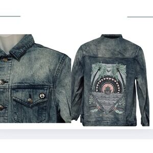 Spiritual Gangster Women‎ Jean Jacket M Blue Karma & Hamsa Graphic EUC
